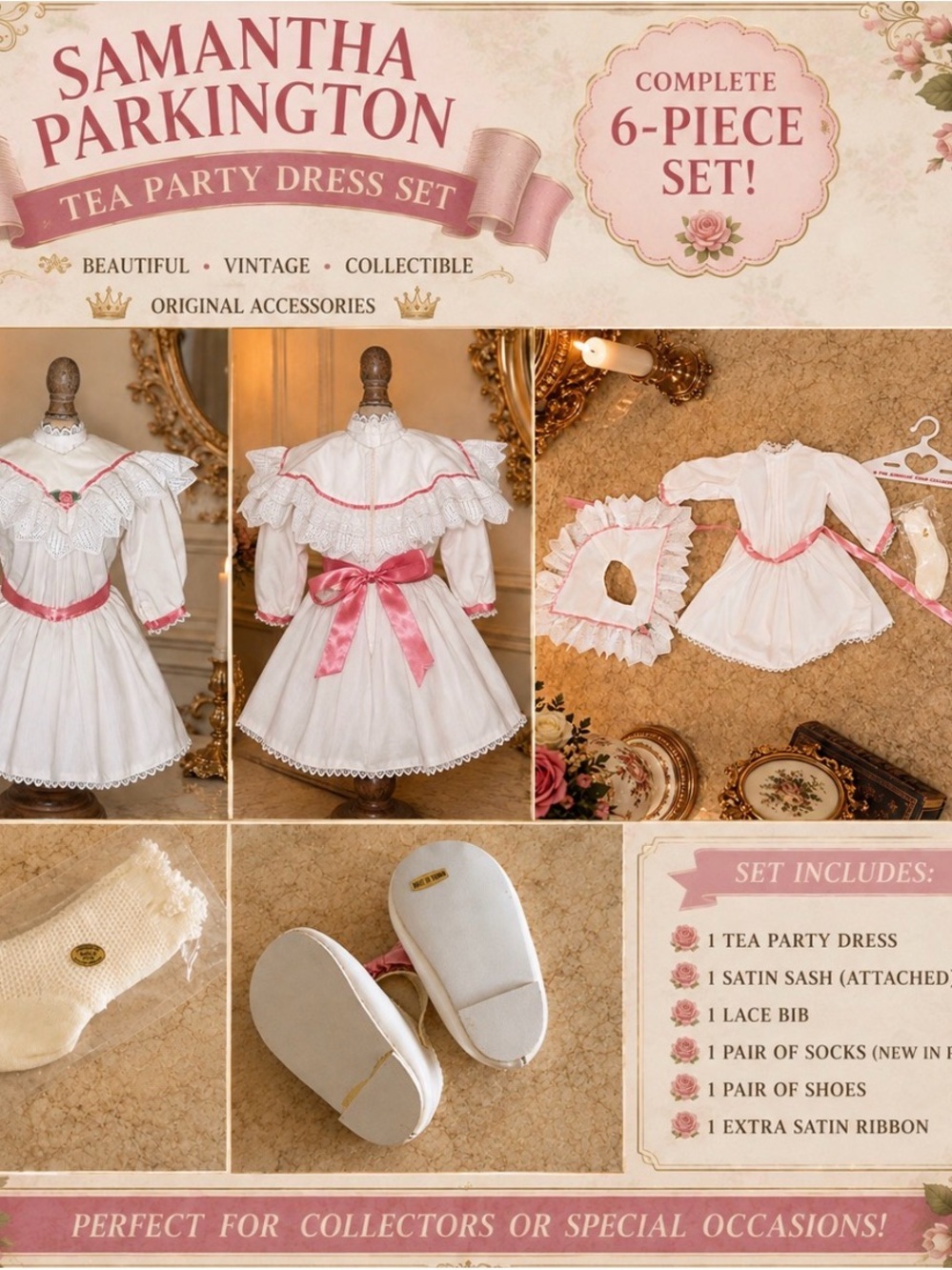 Samantha Parkington Tea Party Dress 6-Piece Set American Girl Pleasant Company